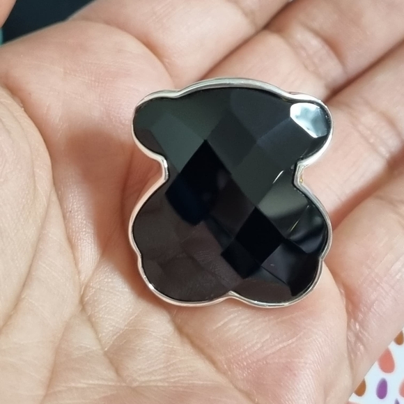 Tous Big Faceted Silver Onyx Bear Ring Size 8 - Picture 13 of 14